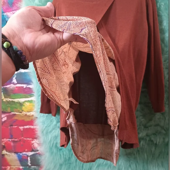 Dalia Rusty Brown Crew Neck Long 3/4 Sleeve Layered Top Size 1X - Picture 9 of 11